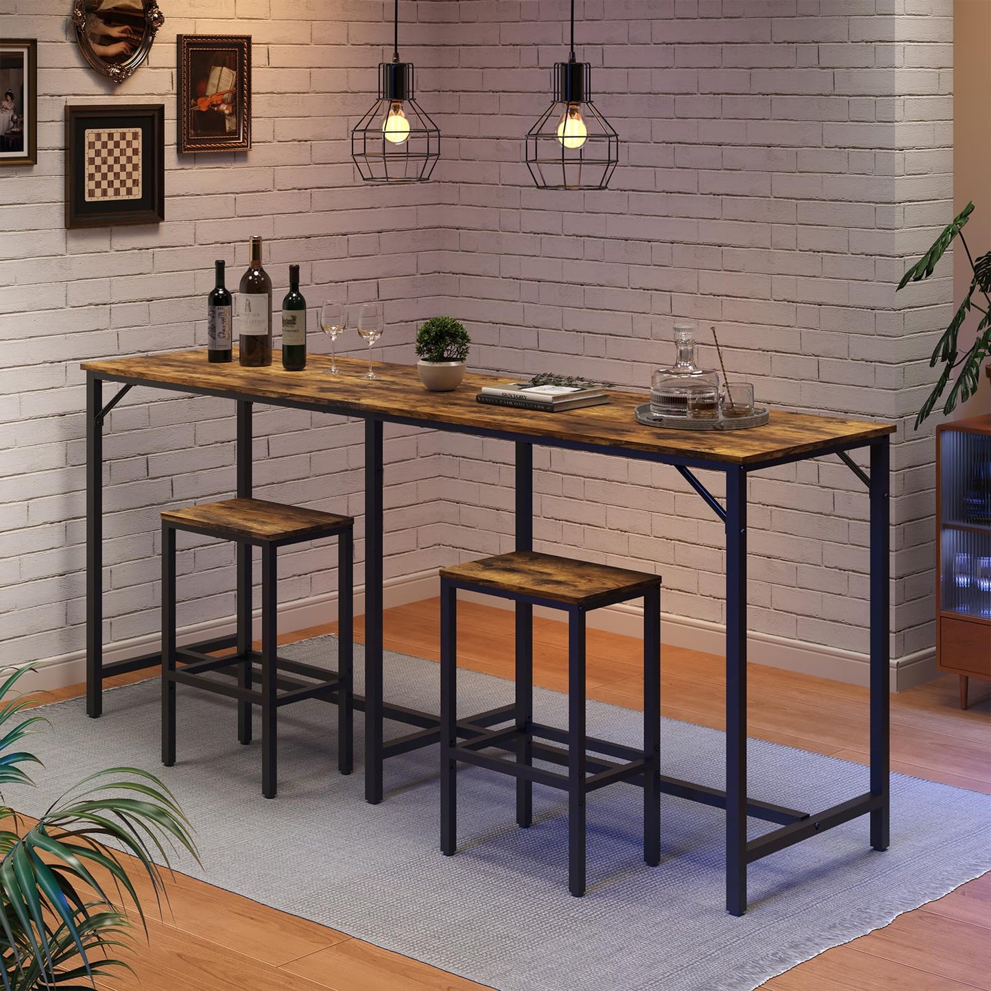 YATINEY 70.9" Bar Table and Chairs Set, Dining Table and Chair Sets, 3 Piece Counter Height Table and 2 Stools, Kithcen Table for Home Restaurant, Bar, Rustic Brown BT09BR