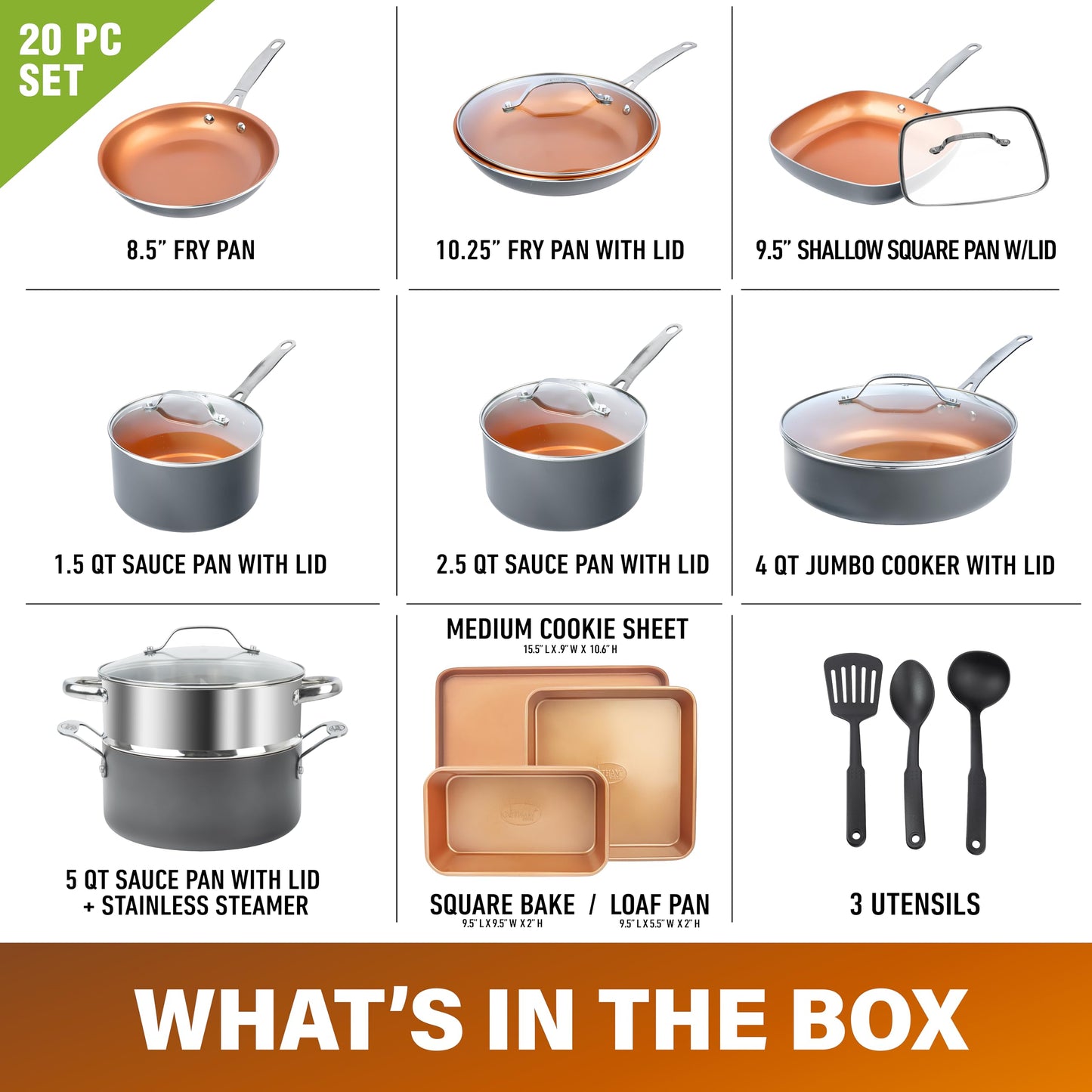 GOTHAM STEEL 20 Pc Ceramic Cookware Set Nonstick, Copper Pots and Pans Set Non Stick for Kitchen with Bakeware and Cooking Utensils, Non Toxic Made Without PFOA PFOS LEAD, Oven & Dishwasher Safe