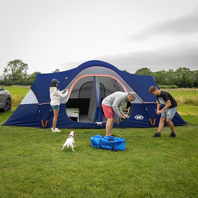 UNP Camping Tent 10-Person-Family Tents, Parties, Music Festival Tent, Big, Easy Up, 5 Large Mesh Windows, Double Layer, 2 Room, Waterproof, Weather Resistant, 18ft x 9ft x78in