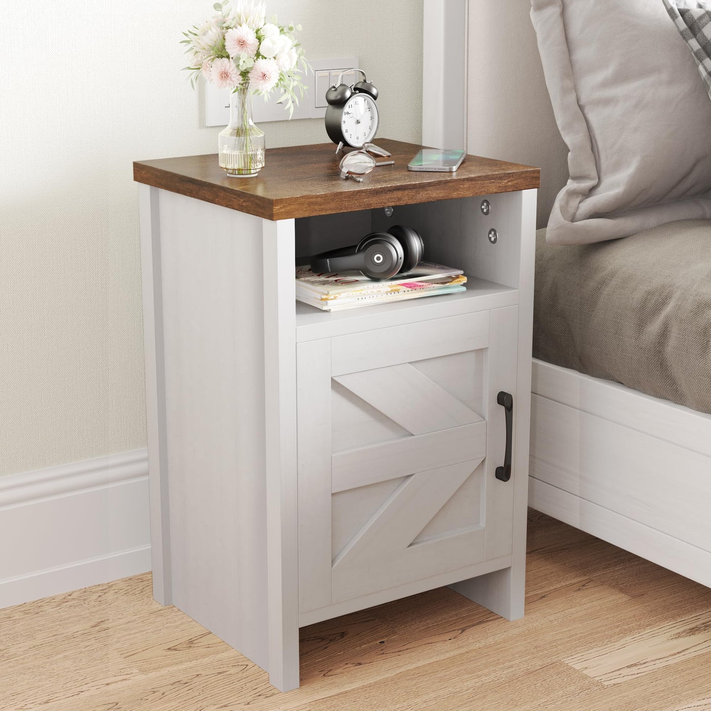 JUMMICO Farmhouse Nightstand, Modern Bedside Table with Barn Door and Shelf, Rustic End Table Side Table for Bedroom, Living Room (2, White)