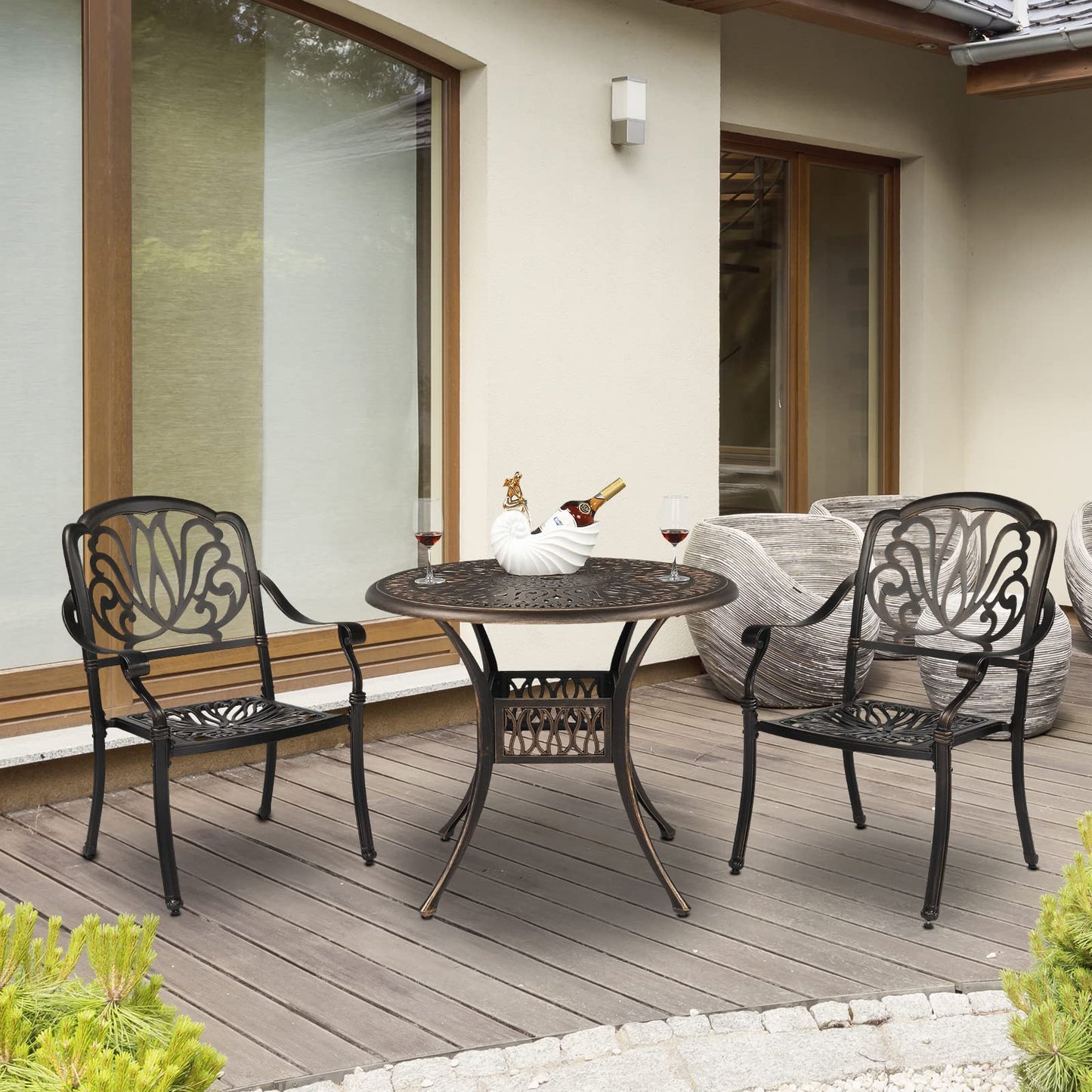 VINGLI Outdoor Dining Chairs Set of 2 Aluminum Patio Chairs, Cast Aluminum Patio Furniture Aluminum Outdoor Chairs for Backyard, Poolside, Balcony Bronze (2, Elizabeth Back Without Cushion)