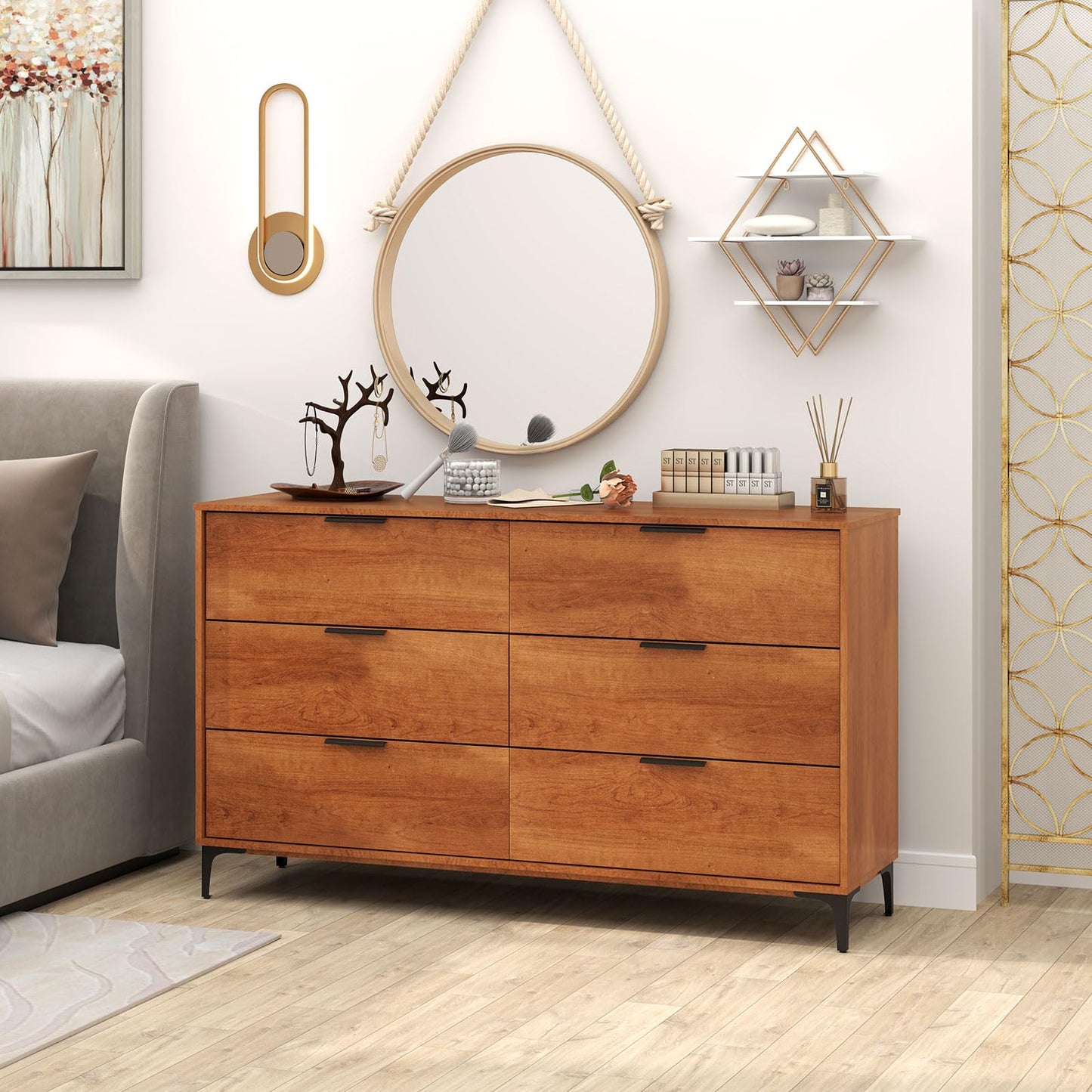 LOKO Mid Century Modern 6-Drawer Dresser, Wooden Chest of Drawers with Interlock System, Tall Storage Dresser for Bedroom, Living Room, Hallway, Cherry