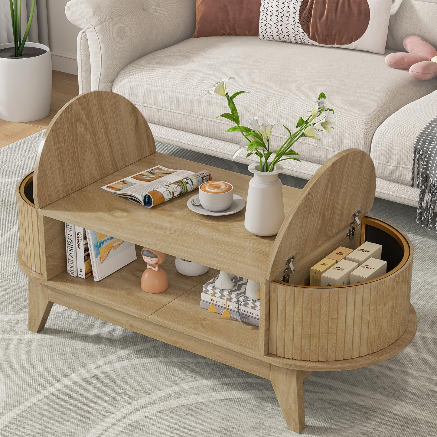 Coffee Table with 2 Hidden Storage,Mid Century Modern Coffee Table with Fluted Finish,Wood Center Tables Oval Coffee Tables with Flip-Top Lids for Living Room Home Office (Oak)