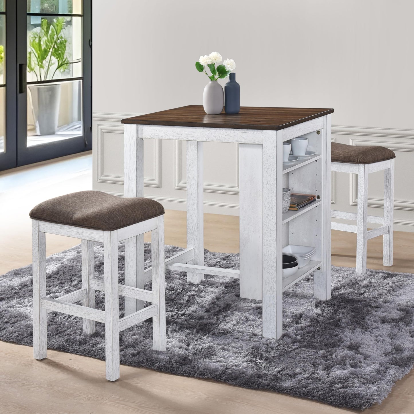 WOODHOMER 3-Piece Wooden Dining Table Set, Kitchen Island with Seating for 2, Kitchen Bar Table with Stools, Counter Height Dining Table Set, Antique Dark Oak & White, Farmhouse Style