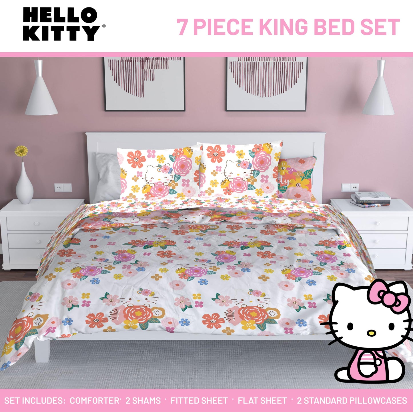 Jay Franco Hello Kitty King Size Comforter Set - 7 Piece Bedding Includes Sheet Set & Pillow Covers - Super Soft Floral Bedding