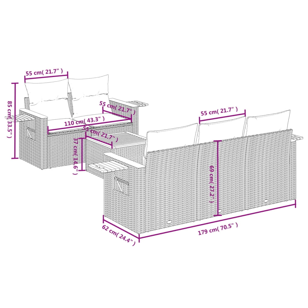 vidaXL Garden Sofa Set Grey PE rattan 6 Piece Set Adjustable Armrests