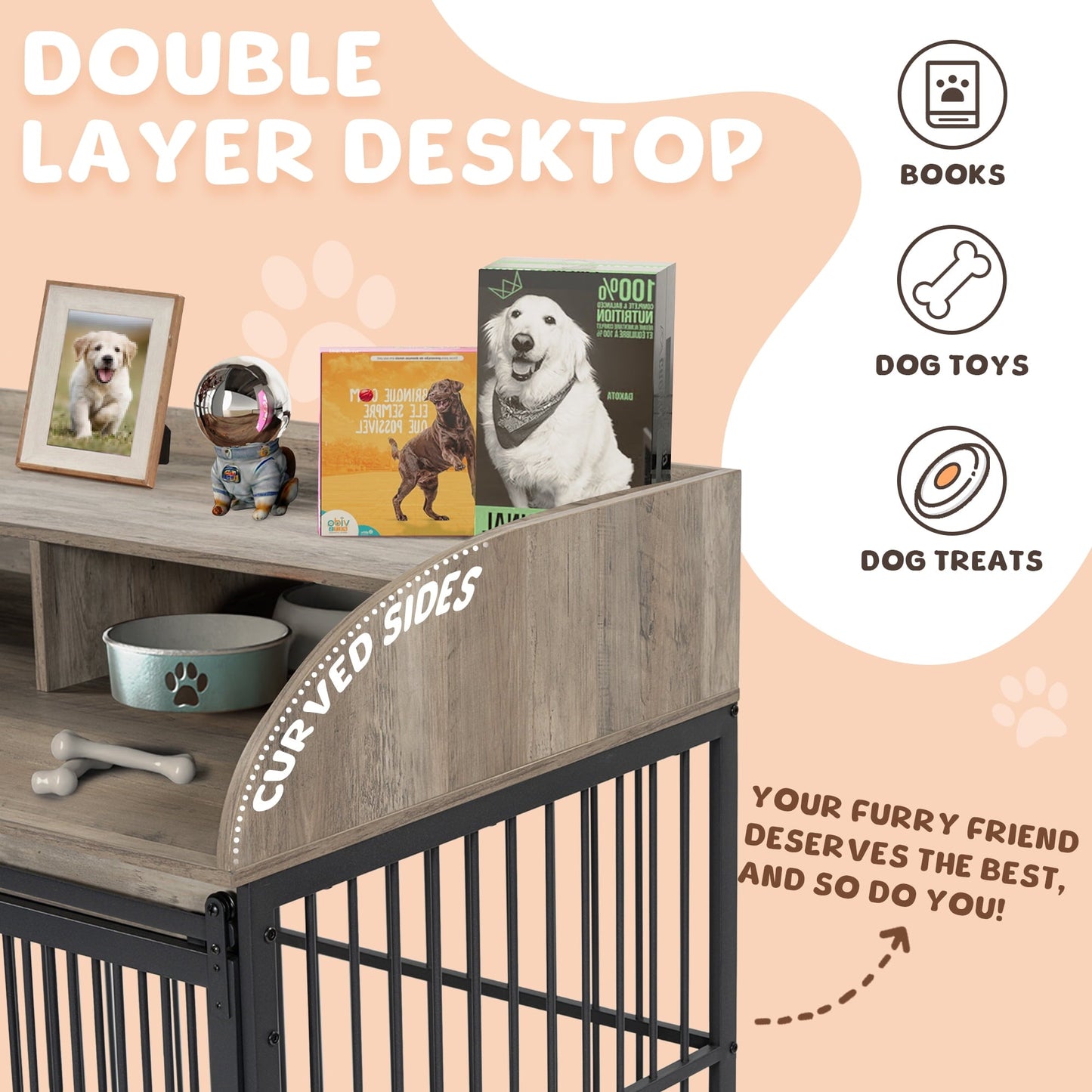 Noaman GO 44'' Heavy Duty Large Dog Crate Furniture with Lockable Wheels, Wooden Dog Kennel & End Table with Double Layer Storage, Gray