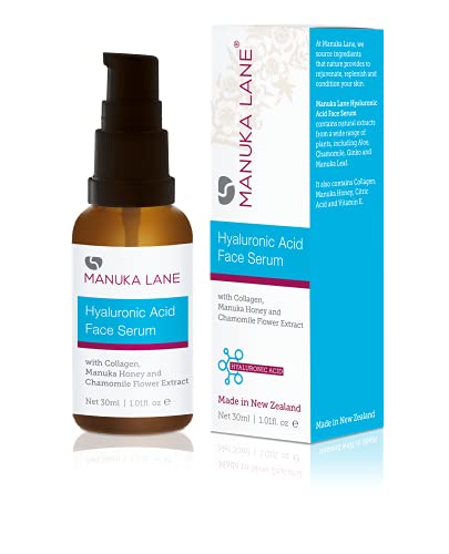 Hyaluronic Acid Serum for Face and Neck with Collagen, Manuka Honey & Chamomile Flower Extract | Plant Based Formula | Carefully formulated to keep your skin young and healthy!