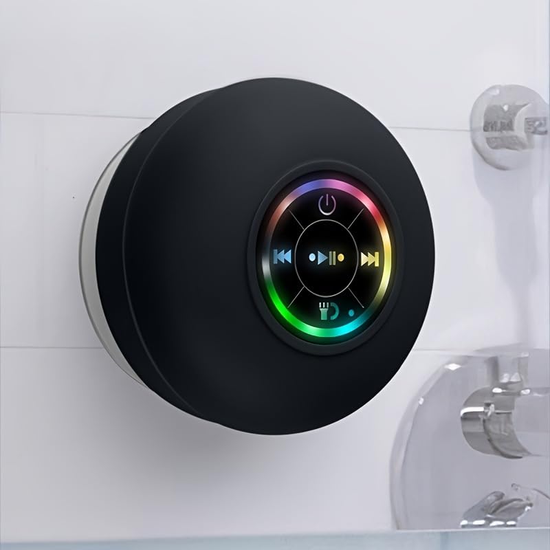 Large Suction Cup Waterproof Bluetooth Speaker LED Light Light Waterproof Bathroom Bluetooth Speaker (Black)
