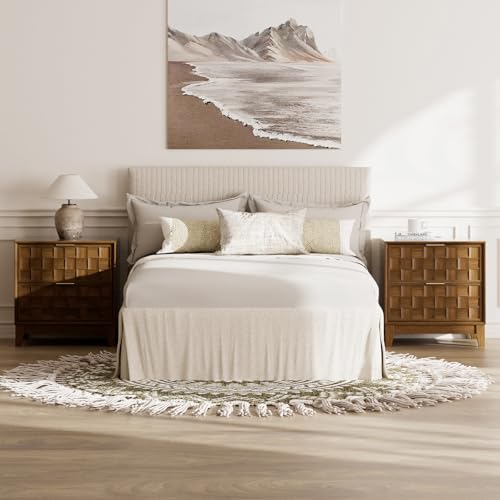 COLAMY Nightstand with Charging Station, 22" Modern Bed Side Table with 2 Storage Drawers and Chessboard Relieffor Bedroom, Dorm and Small Spaces - Walnut