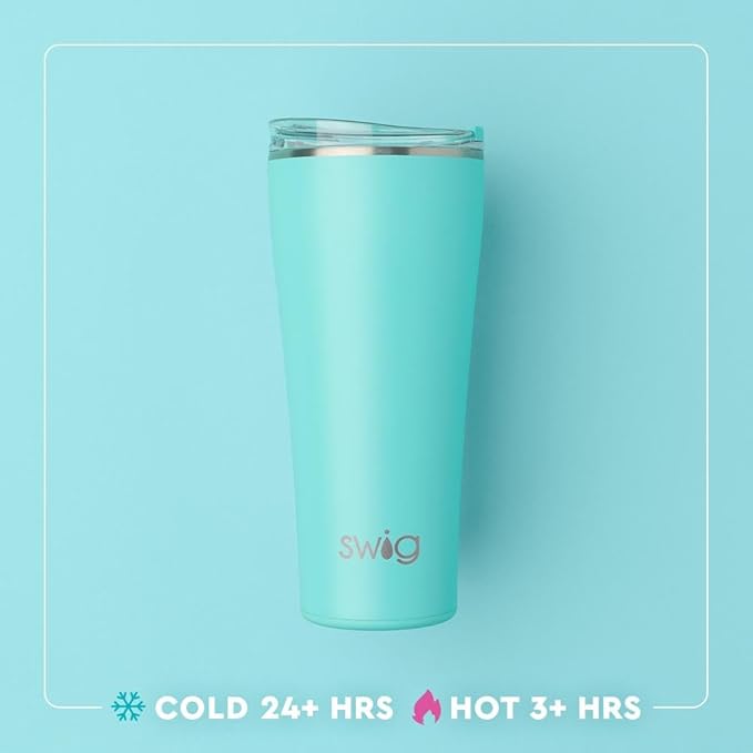 Swig Life 32oz Insulated Tumbler, Travel Coffee Tumbler with Lid, Cup Holder Friendly Travel Coffee Mug, Stainless Steel, 32 oz, Reusable Insulated Mug with Lid (Glacier Stripe)