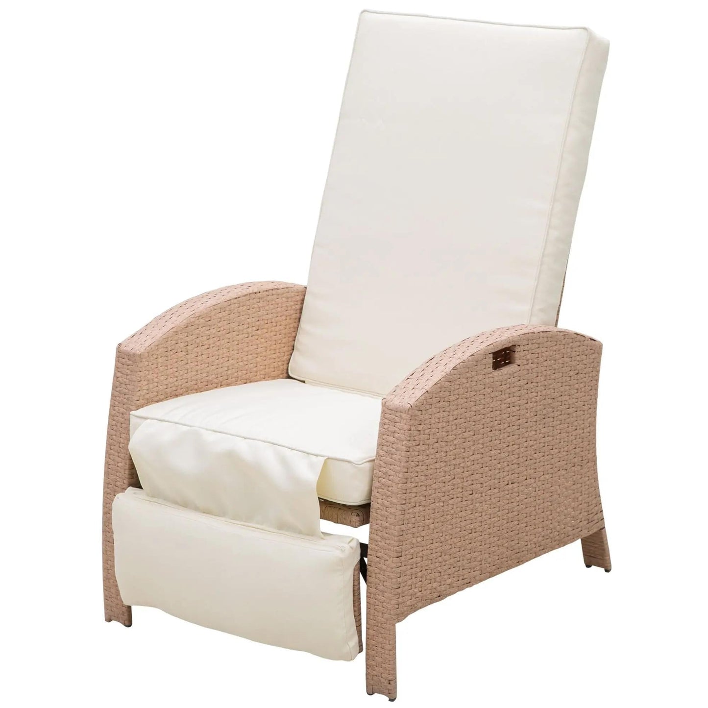 Resenkos Patio Recliner, Outdoor Reclining Chair with Flip-Up Side Table, All-Weather Wicker Metal Frame Chaise with Footrest, Cushions, Beige