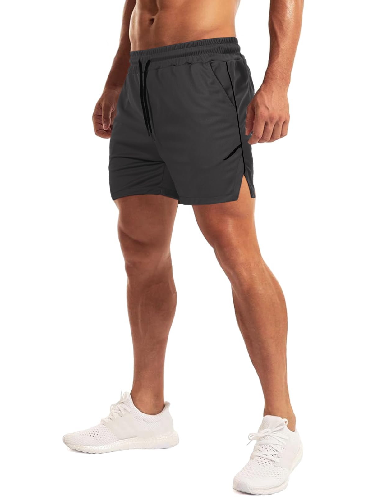Aolesy Mens Workout Shorts with Zipper Pocket 5 Inch Lightweight Gym Running Shorts Linerless Bodybuilding Training Athletic Shorts Black Grey