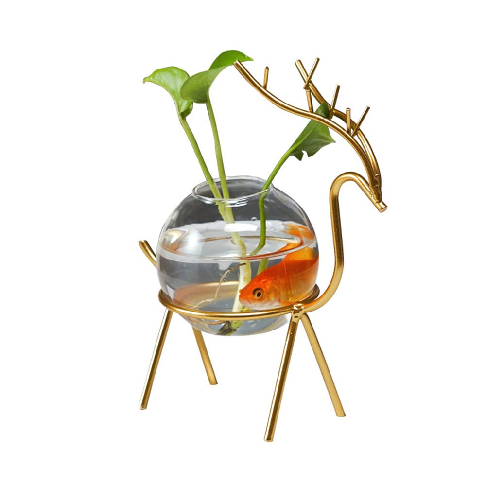 Radefasun Desktop Deer Plant Vases Small Glass Flower Vase with Gold Metal Stand Propagation Station Plant Holder for Home Wedding Decor