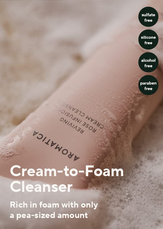 AROMATICA Reviving Rose Infusion Cream Cleanser 5.11oz /145g Double Cleanser, Hydrating Foaming cleanser for dry skin with Damask Rose Water and Rose Oil | Vegan, Cruelty Free
