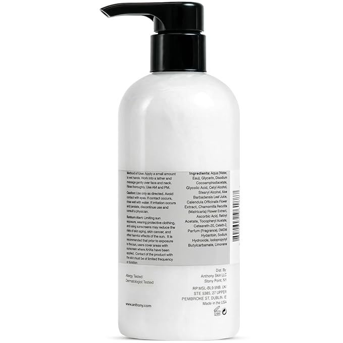 Anthony Glycolic Facial Cleanser for Men, Daily Exfoliating & Hydrating Face Wash, Shave Prep, Non-Foaming, Deep Cleansing, Gentle on Sensitive Skin, Removes Dirt & Oil, Smooths Texture, 16 Fl Oz