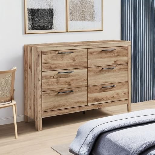 Signature Design by Ashley Hyanna Mid-Century Modern 6 Drawer Dresser, Light Brown & Beige