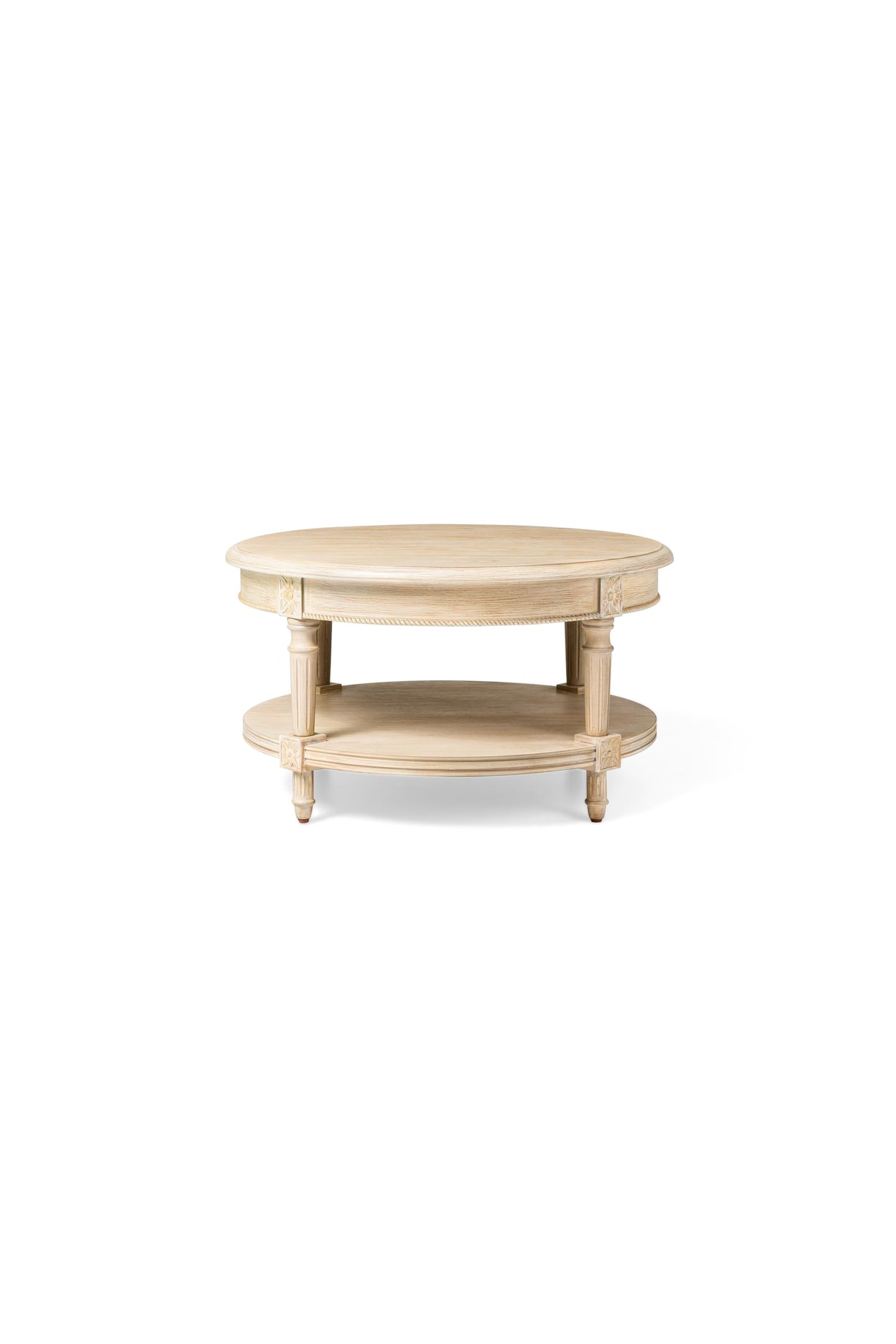 Maven Lane Pullman Large Curved 2 Tier Traditional Round Circle Wooden Center Coffee Table with Shelf Storage in Rustic Antiqued White Finish
