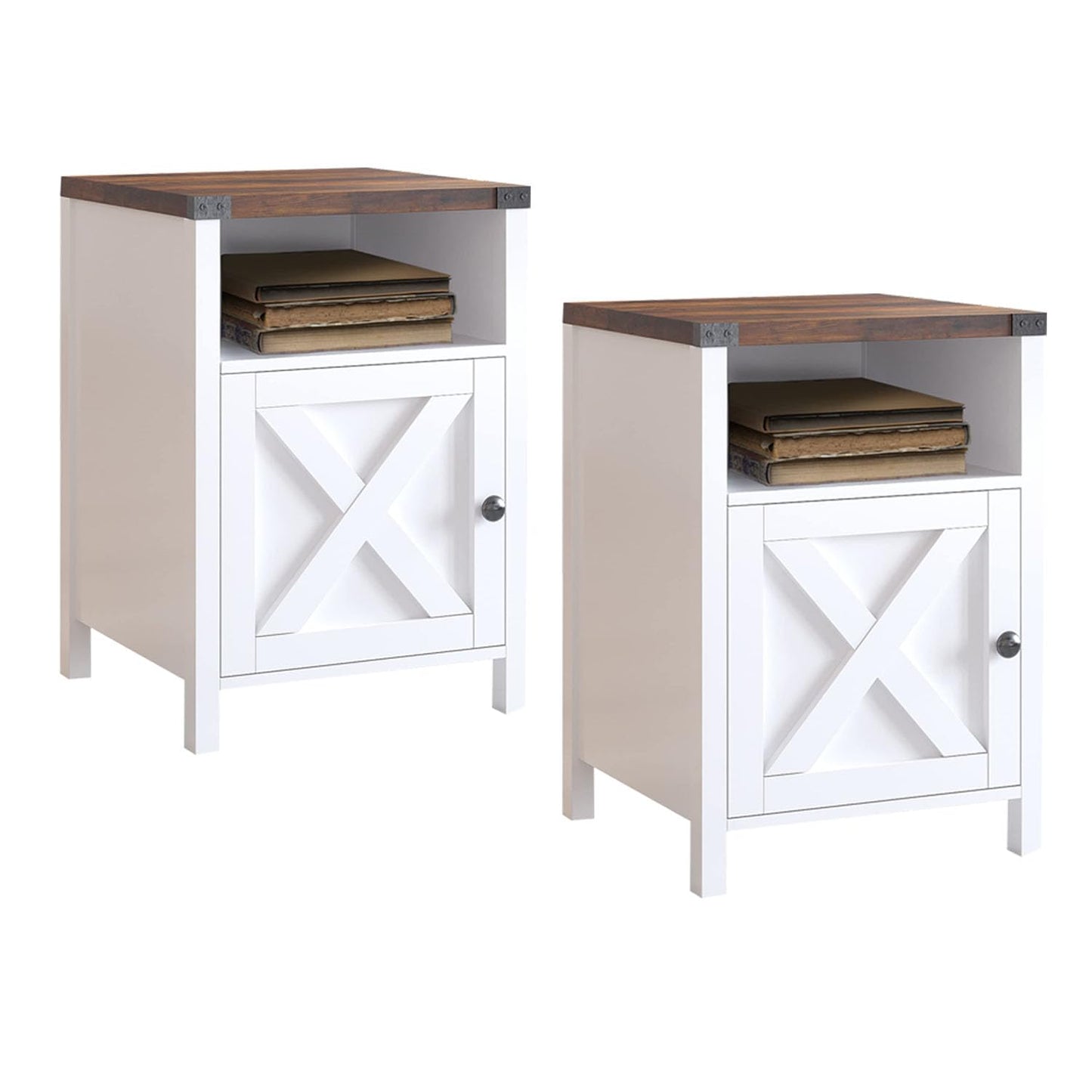 Catrimown Farmhouse End Table, Nightstand Set of 2, Rustic Night Stand with Barn Door and Storage Shelf, White End Table, Side Table for Bedroom Living Room, White