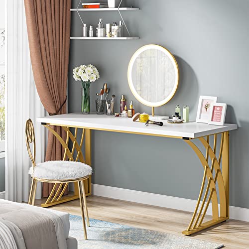LITTLE TREE 55’’ Large Modern Computer Desk, White & Gold Luxury Laptop PC Student Table, Makeup Vanity Table with Thick Frame & Strong Legs, Sturdy Writing Workstation for Home & Office