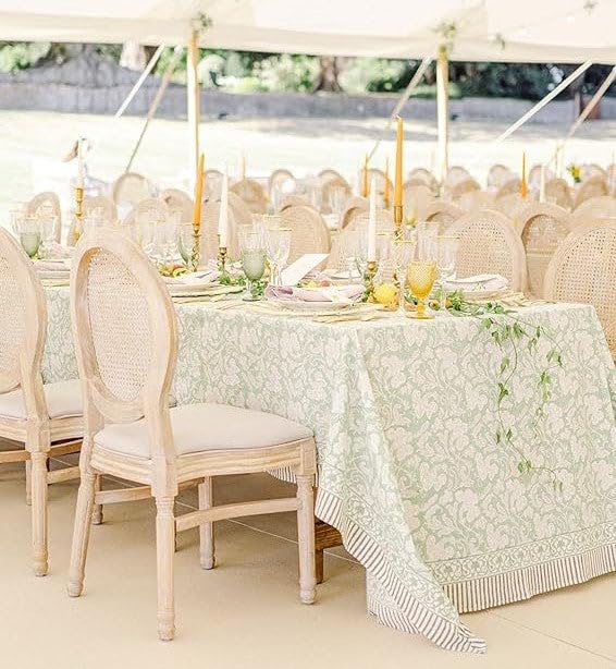 Ridhi Sage Green 100% Cotton Summer Fall Rectangle Tablecloth Hand Block Print Print Washable Reusable Table Cover Farmhouse Parties Buffet Dining Weddings Country French Easter Spring 70 x 118