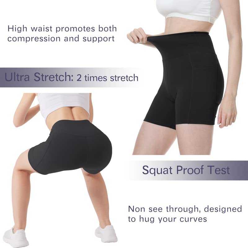 KOWBEAR Workout Shorts Womens Buttery Soft Spandex Biker Shorts High Waisted Gym Yoga Running Volleyball Short with Pockets Black L