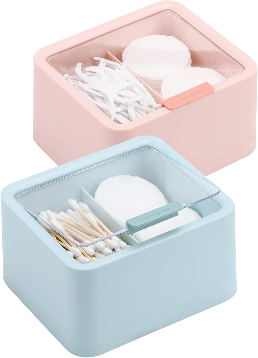 Tecbeauty 2pcs Qtips Holder - Middle Divider Cotton Pads Storage Dispenser Bathroom Organizer with Clear Hinged Lids for Cotton Balls Swabs Rounds - Blue & Pink