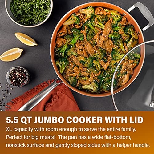 Gotham Steel Nonstick Deep Saute Pan with Lid – 5.5 Quart Large Ceramic Jumbo Cooker 12 Inch Frying Pan with Lid, Stay Cool Handle + Helper Handle, Oven & Dishwasher Safe, 100% PFOA Free