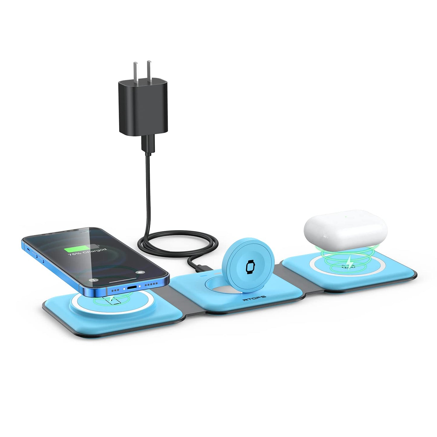 Wireless Charger 3 in 1,RTOPS Magnetic Travel Wireless Charging Station Multiple Devices,GaN 3 in 1 Charging Station,Compatible for iPhone16/15/14/13/Pro/Max,iWatch,AirPods4/3/2/Pro(Adapter Includes)