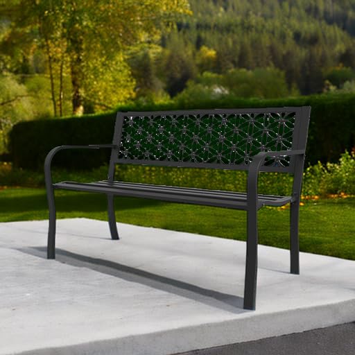 VINGLI 50" Outdoor Bench Metal with Floral Back, Garden Bench Front Porch Benches for Yard Patio Entryway Park Outside, 800lb Capacity - Black