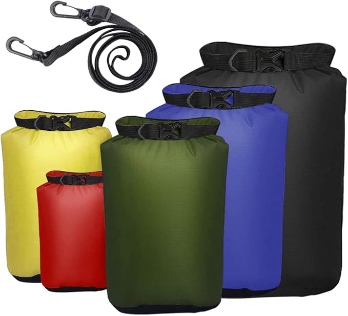 Pimoys 5 Pack Waterproof Dry Sacks, Lightweight Outdoor Dry Bags with Shoulder Strap, 20L /12L / 10L/ 6L/ 3.5L Ultimate Dry Bags for Kayaking Camping Rafting Boating (Multicolor)