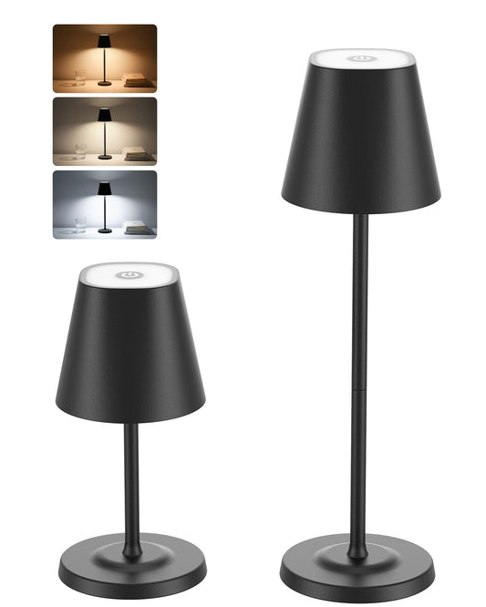 Goodea LED Cordless Table Lamp Rechargeable, 3-Height Adjustable, 5500mAh Battery Operated Lamp, 3-Color Dimming Touch Lamp, Portable Lamp for Dining, Bedroom,Camping, Outdoor, Indoor(Black 2 Pcs)