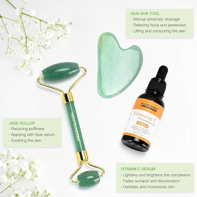 NEUTRIHERBS Jade Gua Sha & Face Roller & Vitamin C Serum Facial Tool Set(3 in 1 Kit), Home Face Massager for Wrinkle,Fine Line,Puffiness,Firm Smooth Relax Skin -- Green