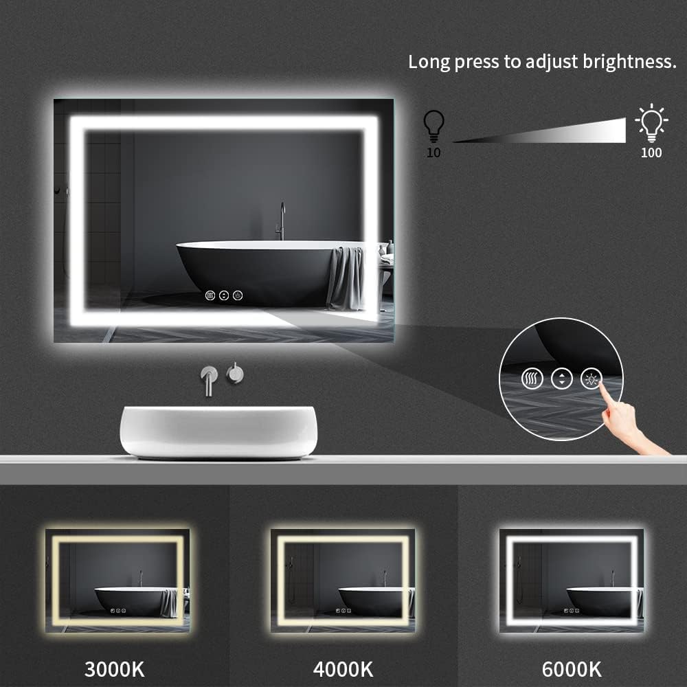Amorho LED Bathroom Mirror 48" X36" with Front and Backlight, Stepless Dimmable Wall Mirrors with Anti-Fog, Shatter-Proof, Memory, 3 Colors, Double LED Vanity Mirror