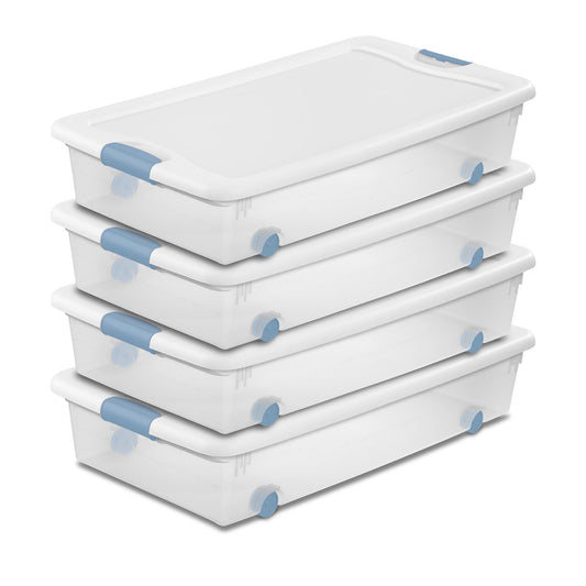 Sterilite 56 Qt Wheeled Latching Storage Box, Stackable Bin with Latch Lid, Plastic Container to Organize Shoes Underbed, Clear with White Lid, 4-Pack