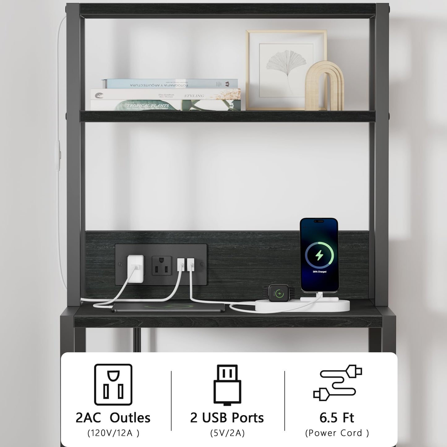 Furnulem Night Stand, Tall Nightstand with 4-Tier Shelves, 2 Fabric Drawers and Light Tube, Bed Side Tables with Charging Station, Bedside Table for Bedroom, Office, Black Oak