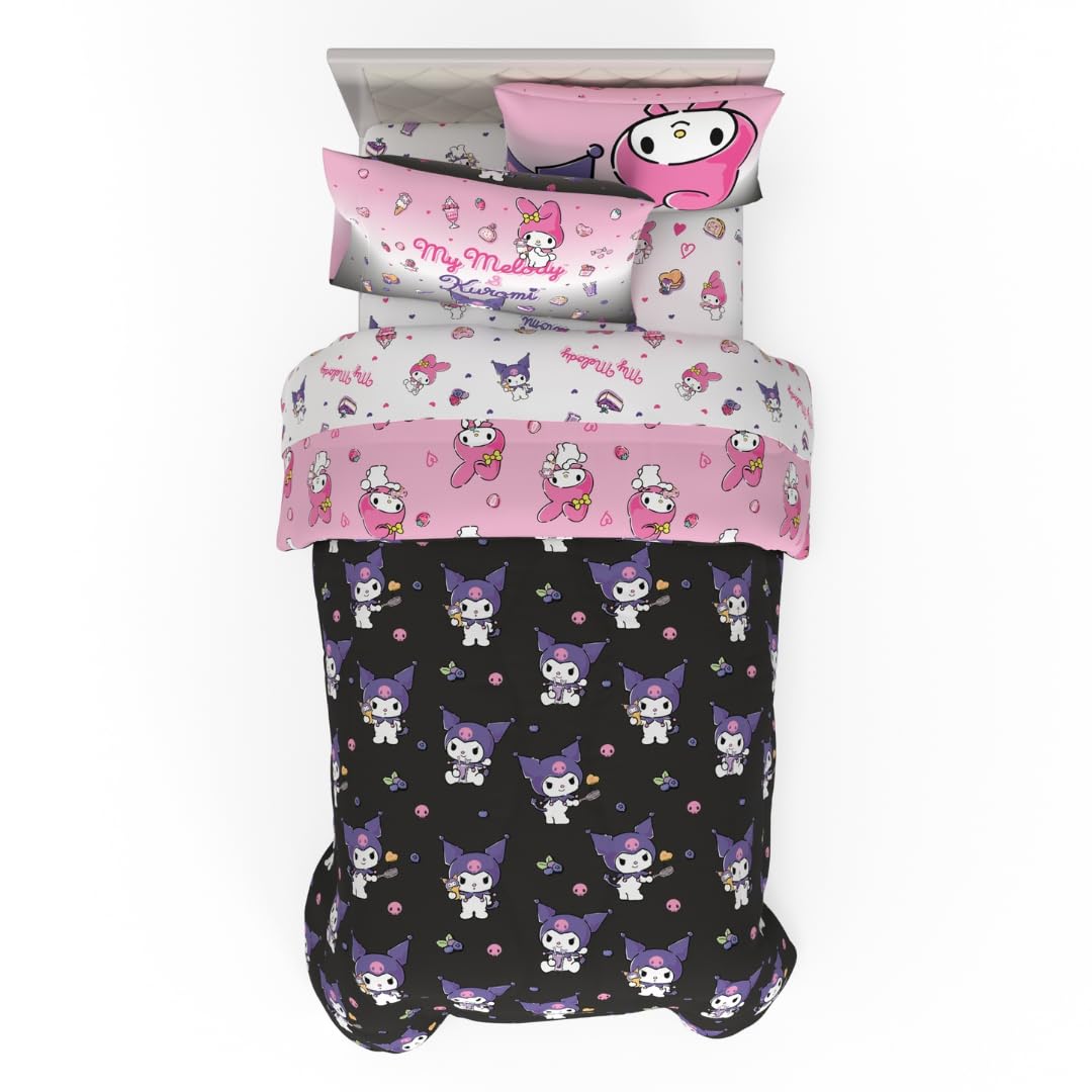 Franco Sanrio Kuromi & My Melody Bedding 5 Piece Super Soft Cozy Reversible Comforter and Sheet Set with Sham, Twin, (Officially Licensed Product)