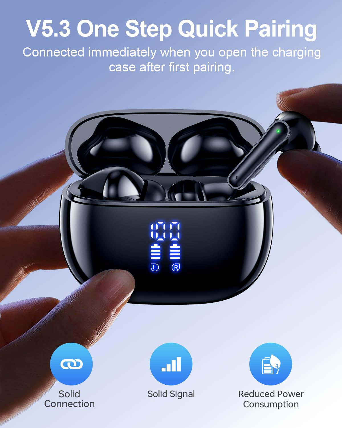 HUIFU Wireless Earbuds, Bluetooth Ear Buds Headphones, 40H Long Playtime, Stereo Deep Bass, LED Power Display, IPX7, Lightweight in Ear Earphone with Mic for iPhone Android Phone