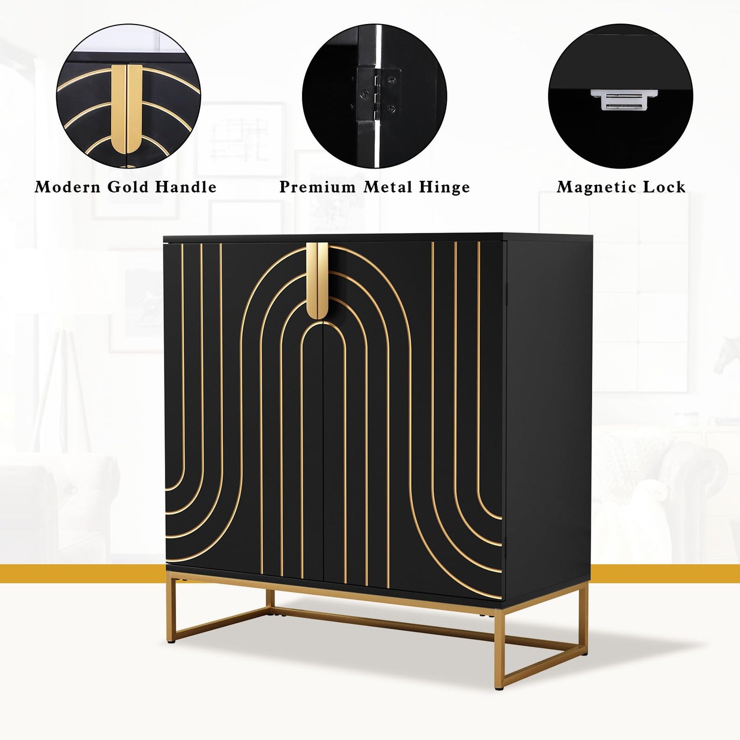 HLR Accent Wood Grain Cabinet with 2 Doors, Storage Cabinet Sideboard with Gold Metal Legs for Living Room,Entryway and Kitchen Dining Room,Black