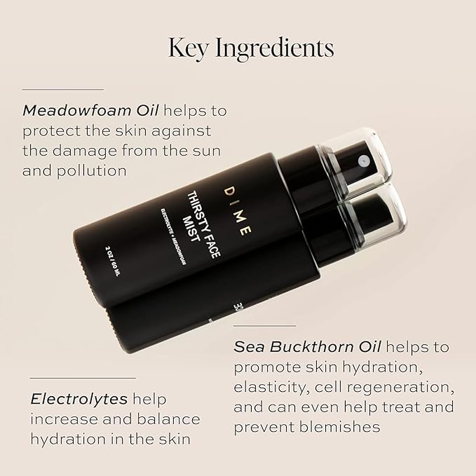 Dime Beauty Thirsty Face Mist with Electrolytes, Meadowfoam, and Sea Buckthorn, Hydrating Facial Spray, 2 oz / 60 ml