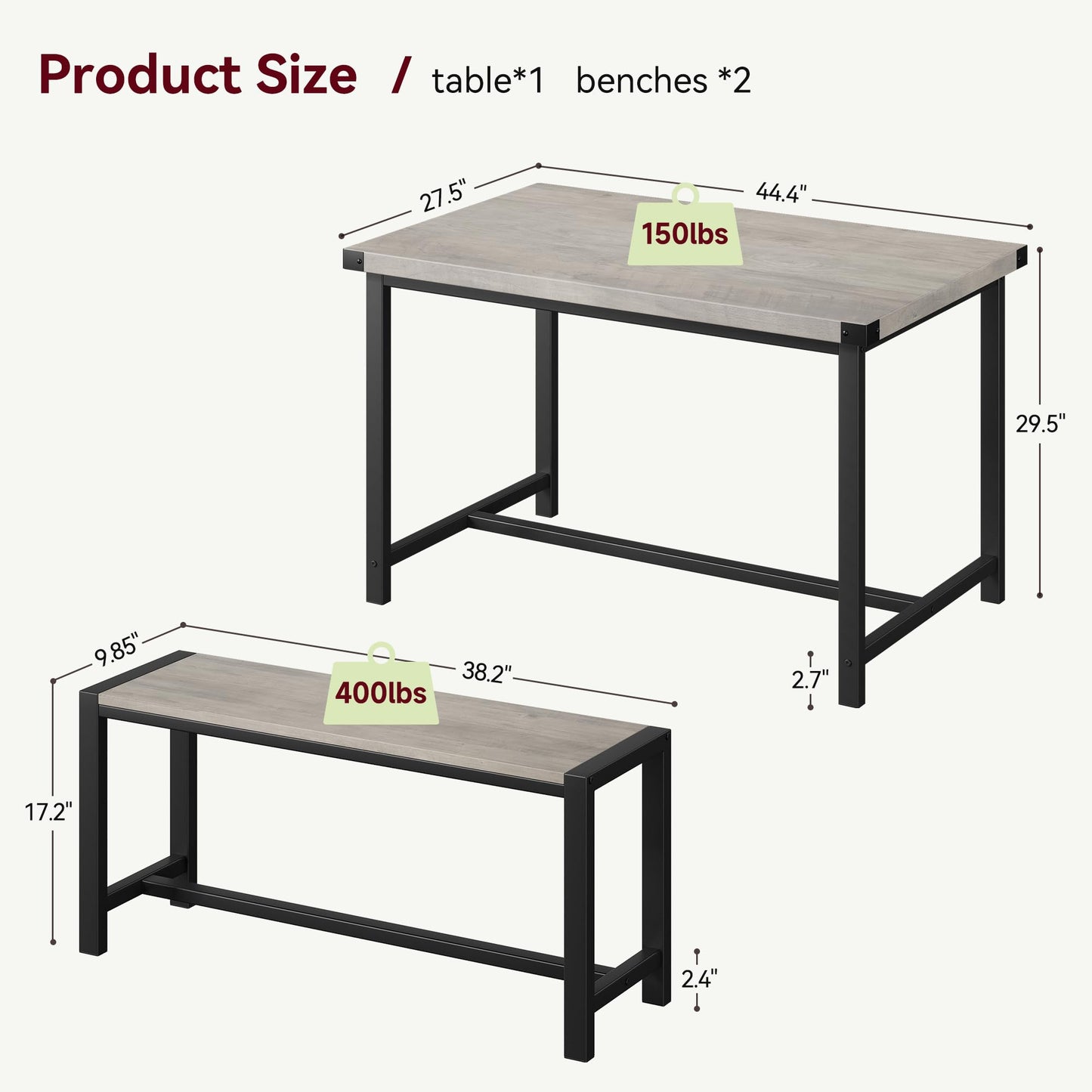 GarveeHome Dining Table Set for 4, Kitchen Table with 2 Metal Wood Benches, Rectangular Room Dining Table Set, 3 Piece Farmhouse Kitchen Table Set for Small Space, Apartment, Studio, Rustic Gray