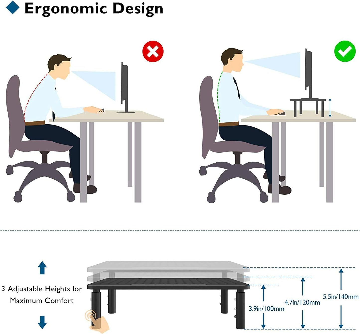 BONTEC 2 Pack 3 Height Adjustable Monitor Stand Riser with Pen Holder, Ergonomic Metal Laptop Stand with Cable Management, Desktop Stand for Computer, Printer, Monitor, Laptop, Black Steel, 14.5 in
