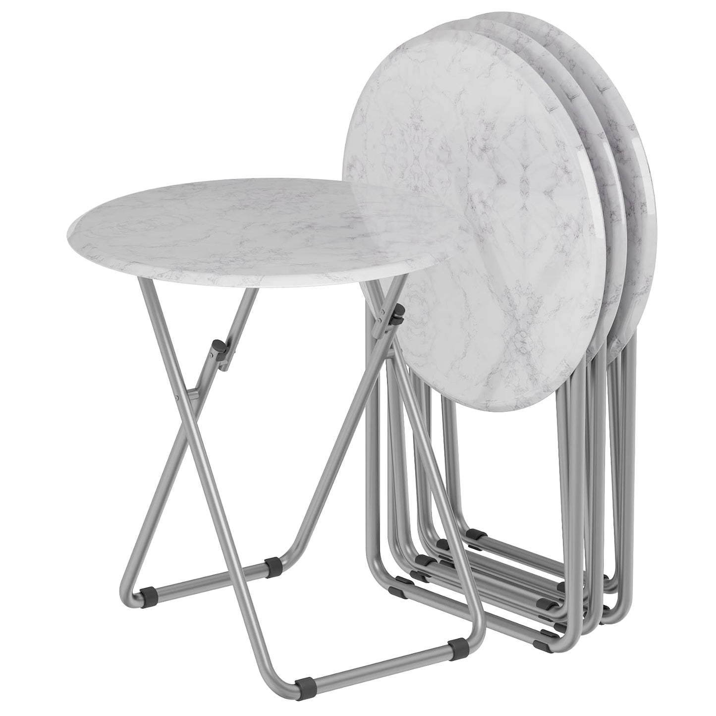 Fleecy day TV Trays Table Set of 4 Round Portable Folding TV Tray Table TV Dinner Tray with Sturdy MDF, No Assembly Required, 17.5 x 17.5 x 26 in (White Marble, 4Pcs)