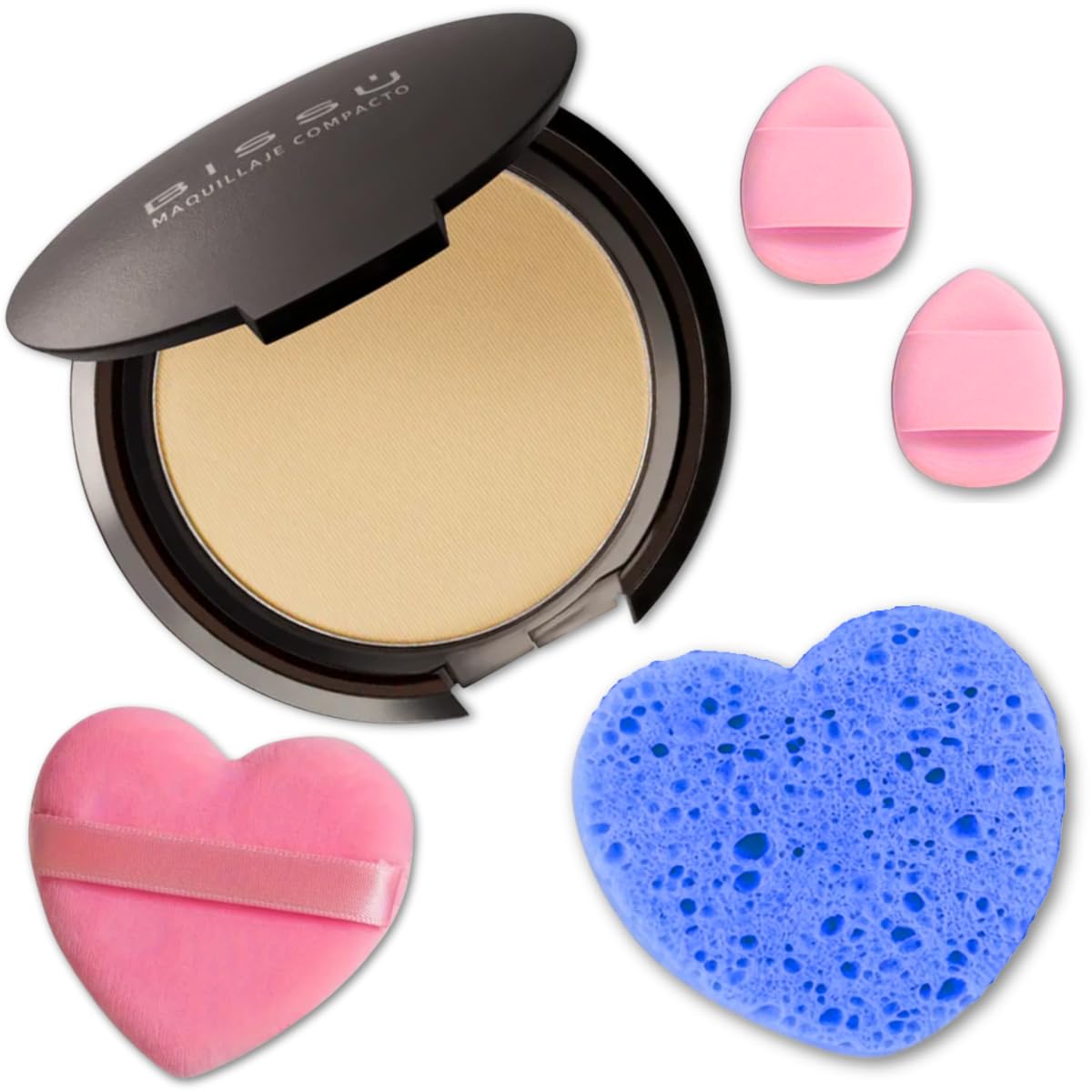 Beetbul Makeup & Exfoliation Kit - Bissú Compact Powder + 1 Medium Velvet Puff + 2 Finger Puffs + 1 Facial Exfoliating Sponge (09 Shell Beige, One Size)