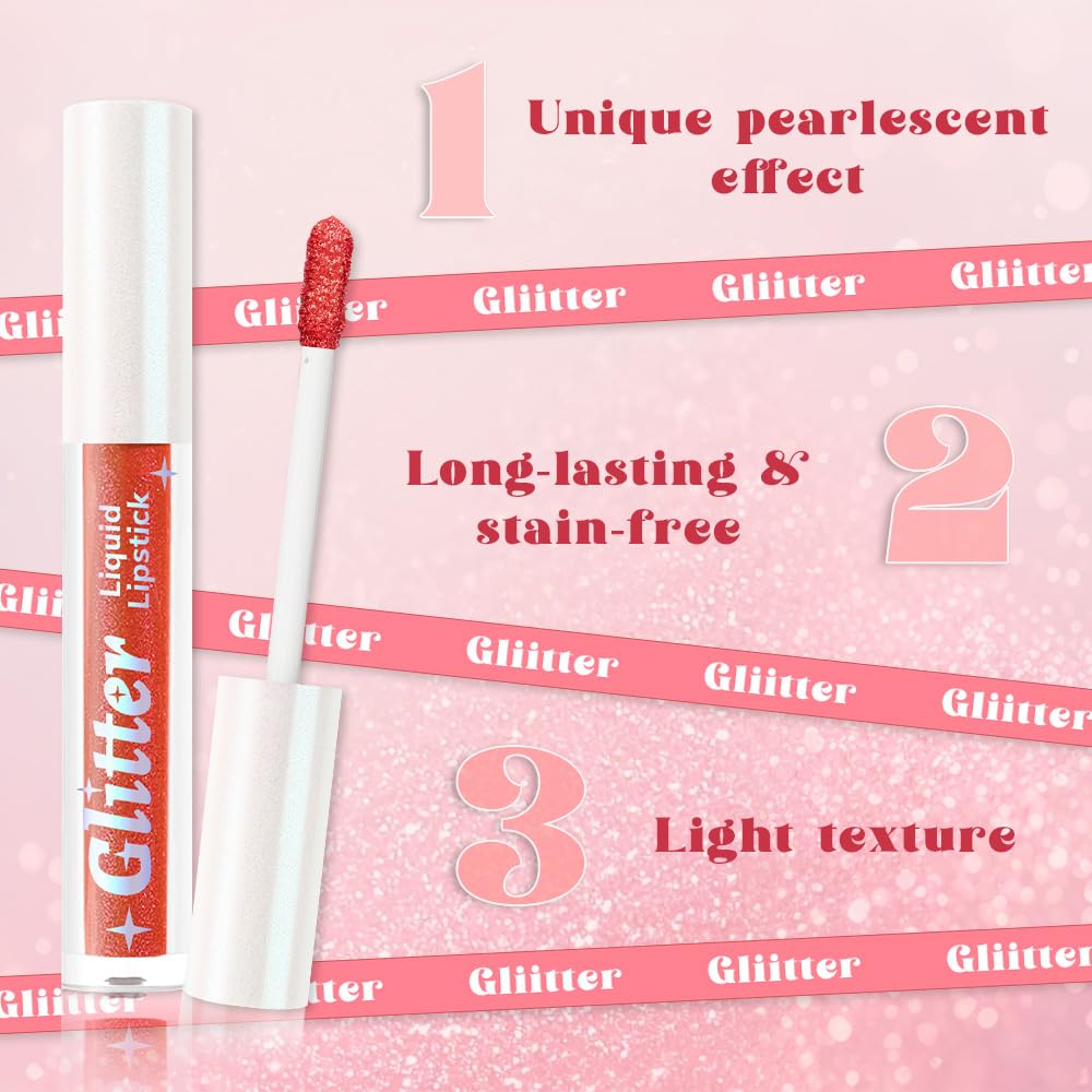 Red Metallic Lipstick for Women,Lightweight Glitter Sparkling Liquid Lipsticks,Shimmer Lip Gloss Stain Long Lasting Waterproof Smudge Proof Non-Drying 24 Hour Full Coverage Lip Makeup,Vegan