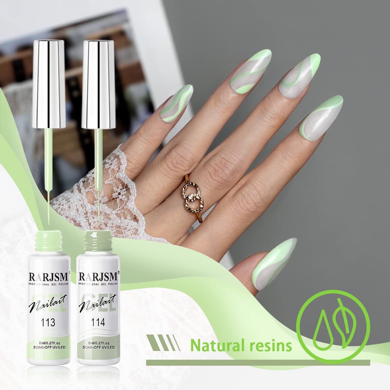 RARJSM Nail Art Liner Gel Nail Polish,Pastel Green Spring Summer Colors Pigment Gel Art Paint for Swirl Nails Painting Design Detailing Built in Thin Sharp Nail Brush Soak off Curing Required 8ml