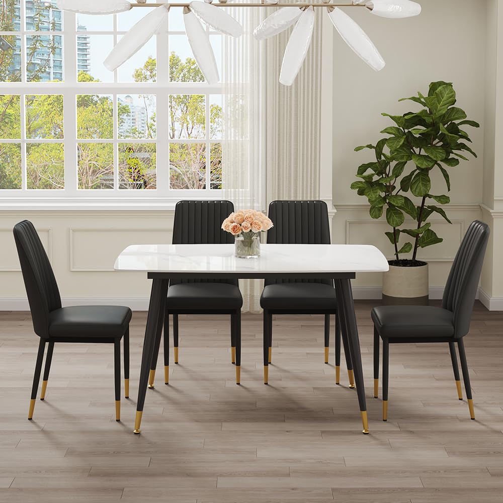 WEKEOT 50" White Marble Dining Table Set for 4 - Sintered Stone Tabletop & 4 Upholstered PU Leather Chairs - Modern Dining Room Set for Small Spaces (1 White Table + 4 Black Chairs)