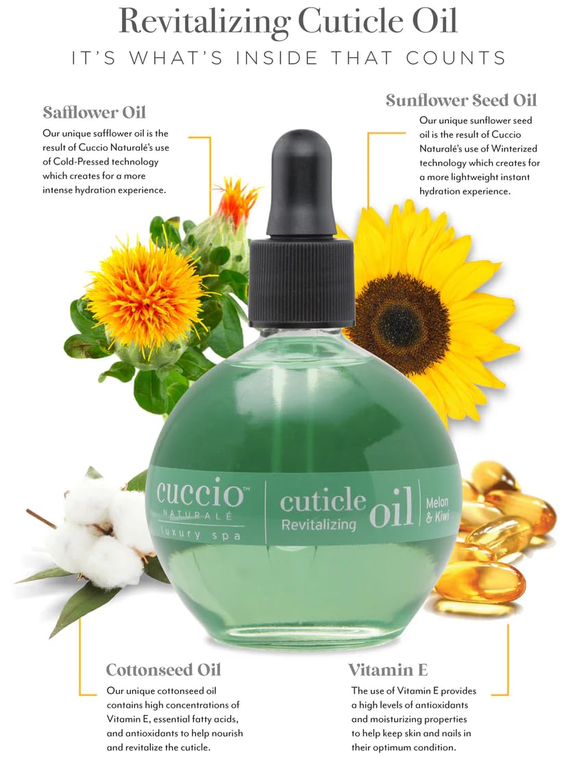 Cuccio Naturale Cuticle Oil – Hydrating Treatment with Melon & Kiwi for Dry Cuticles & Stronger Nails – Lightweight Formula, 2.5 oz