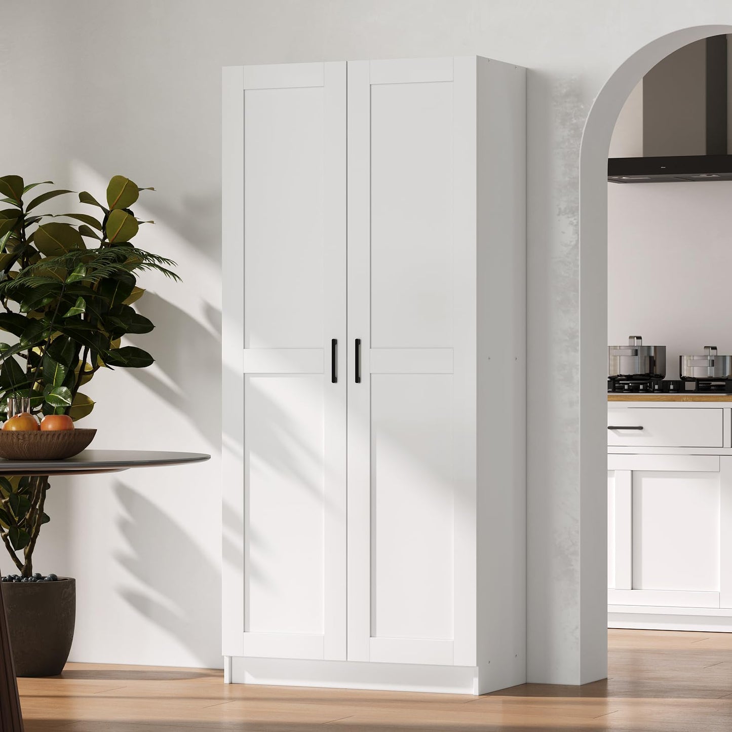 White Tall Kitchen Pantry Cabinet Organizers and Storage with Doors and Adjustable Shelves，Wood Large Gabinetes Para Cocina Office Bookshelf for Laundry Room Cabinets (31.5”W*15.7”D*71”H)