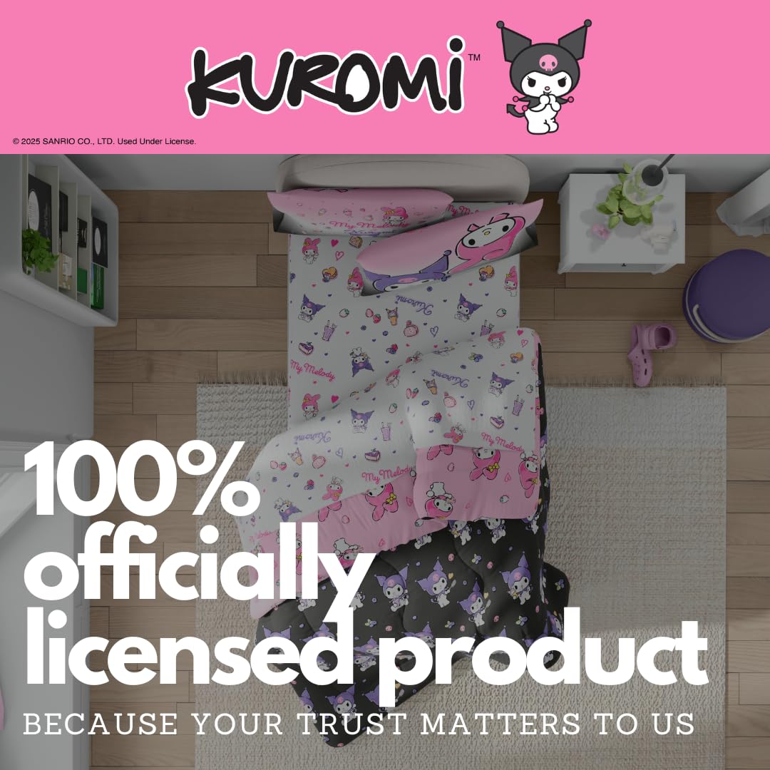 Franco Sanrio Kuromi & My Melody Bedding 5 Piece Super Soft Cozy Reversible Comforter and Sheet Set with Sham, Twin, (Officially Licensed Product)
